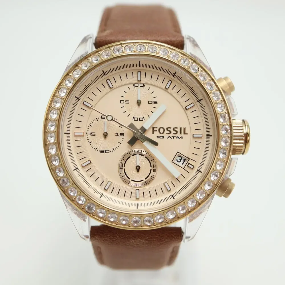 Fossil Decker Womens 42mm Chronograph Watch Brown Leather CH2724 w New Battery